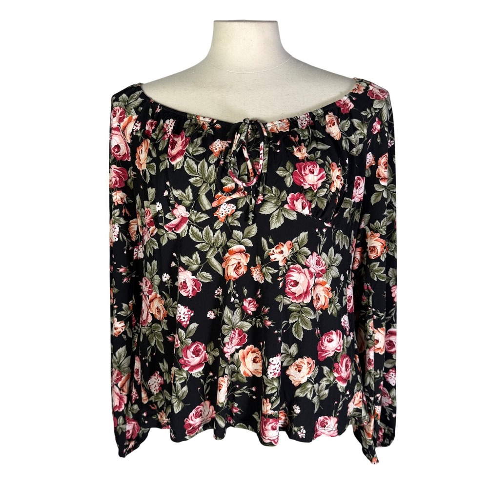 NWT Ambiance Womens Plus 1X Floral Peasant Blouse Black Pink Rose Long Sleeve
